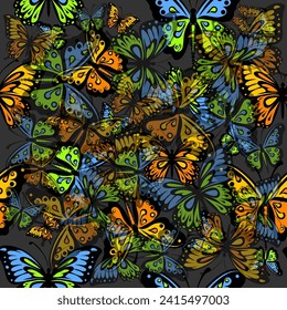 Seamless pattern of baby simple butterflies on a dark background. hand drawing. Not AI, Vector illustration