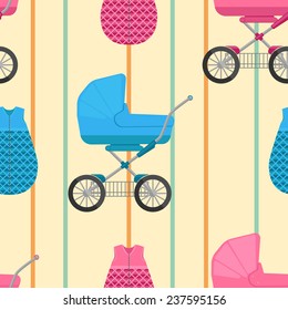 seamless pattern of baby sleeping bags and buggies with vertical stripes