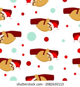 Seamless pattern. Baby sloth hanging on a branch in red hat. White background. Merry Christmas. Happy New Year. Cute and funny. Cartoon style. Post card, wallpaper, textile, wrapping paper, decoration