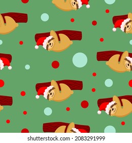 Seamless pattern. Baby sloth hanging on a branch in red hat. Green background. Merry Christmas. Happy New Year. Cute and funny. Cartoon style. Post card, wallpaper, textile, wrapping paper, decoration