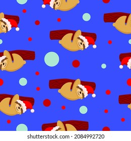 Seamless pattern. Baby sloth hanging on a branch in red hat. Blue background. Merry Christmas. Happy New Year. Cute and funny. Cartoon style. Post card, wallpaper, textile, wrapping paper, decoration