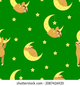 Seamless pattern. Baby sloth hanging on a yellow crescent. Moon and stars. Green background. Cute and funny. Cartoon style. Good night. Kids bedroom. Post card, wallpaper, textile, wrapping paper