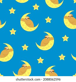 Seamless pattern. Baby sloth hanging on a yellow crescent. Moon and stars. White background. Cute and funny. Cartoon style. Good night. Kids bedroom. Post card, wallpaper, textile, wrapping paper