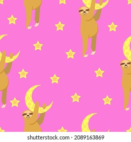 Seamless pattern. Baby sloth hanging on a yellow crescent. Moon and stars. Pink background. Cute and funny. Cartoon style. Good night. Kids bedroom. Post card, wallpaper, textile, wrapping paper