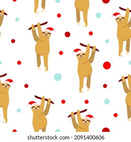 Seamless pattern. Baby sloth hanging on a branch in red hat. White background. Cute and funny. Cartoon style. For post cards, wallpaper, textile, wrapping paper, christmas decoration