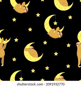Seamless pattern. Baby sloth hanging on a yellow crescent. Moon and stars. Black background. Cute and funny. Cartoon style. Kids bedroom interior. For post card, wallpaper, textile and wrapping paper