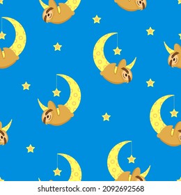 Seamless pattern. Baby sloth hanging on a yellow crescent. Moon and stars. Blue background. Cute and funny. Cartoon style. Kids bedroom decoration. Post card, wallpaper, textile, wrapping paper