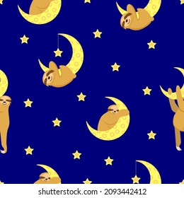 Seamless pattern. Baby sloth hanging on a yellow crescent. Moon and stars. Dark blue background. Cute and funny. Cartoon style. Good night. Kids bedroom. Post card, wallpaper, textile, wrapping paper