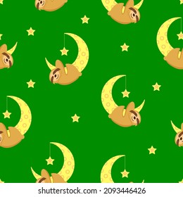 Seamless pattern. Baby sloth hanging on a yellow crescent. Moon and stars. Green background. Cute and funny. Cartoon style. Good night. Kids bedroom. Post card, wallpaper, textile, wrapping paper