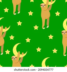 Seamless pattern. Baby sloth hanging on a yellow crescent. Moon and stars. Green background. Cute and funny. Cartoon style. Good night. Kids bedroom. Post card, wallpaper, textile, wrapping paper