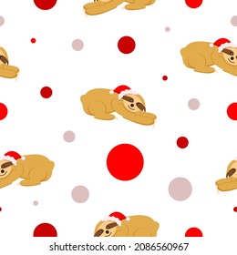 Seamless pattern. Baby sloth lying and playing in red hat. White background. Merry Christmas. Happy New Year. Cute and funny. Cartoon style. Post card, wallpaper, textile, wrapping paper, decoration