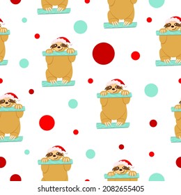 Seamless pattern. Baby sloth sitting on turquoise green fence in red and white hat. Cute and funny. Cartoon style. Merry Christmas. Happy New Year. Post card, wallpaper, textile, wrapping paper