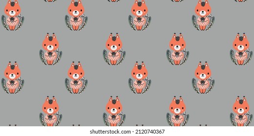 Seamless pattern of baby squirrels in pink t-shirts holding mushrooms on a gray background. Cute childish texture for a children's graphic design, fashion or nursery decor. Vector.