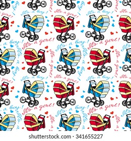 Seamless pattern with baby stroller