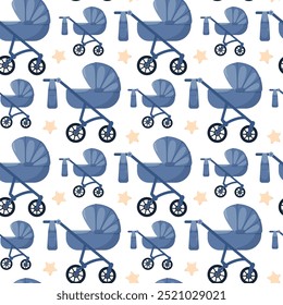 Seamless pattern with Baby stroller for toddlers, kids. Perfect nursery, baby clothes, textiles, wrapping paper, postcards. For children's goods store. Baby carriage, pram, buggy. Vector illustration 