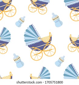 Patrón sin problemas de coches de bebé - color azul para el niño. Ilustración vectorial. Antecedentes