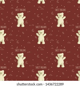 Seamless pattern for baby with teddy bear on the brown background. Perfect for wallpaper, wrapping paper, scrapbook, textile and other design. 