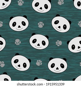 Seamless pattern for baby textiles. Pandas and footprints on grunge texture.
