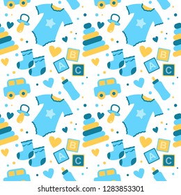 Seamless pattern with baby things. Birth of a boy. Vector hand drawn doodle pattern, cartoon flat style