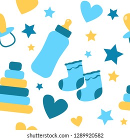 Seamless pattern with baby things. Birth of a boy. Vector hand drawn doodle pattern, cartoon flat style