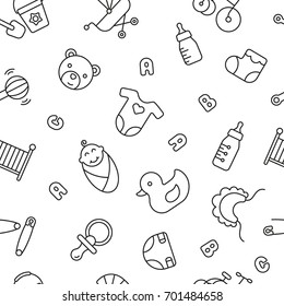 Seamless pattern with baby things, black and white icons svg