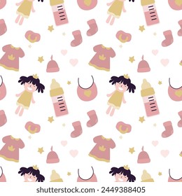 Seamless pattern with baby things, colorful icons. Baby goods for surface pattern design. White background, color sketches of clothes, toys and other things of newborn. flat vector illustration