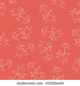 Seamless pattern for baby things. Little cute  foxes under an umbrella. Printing for textiles and paper. Vector illustration