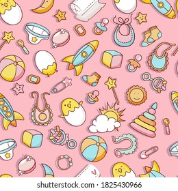 Seamless pattern with baby things on pink background. Endless texture for your design, greeting cards, announcements, posters, textiles. - Vector.EPS10