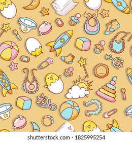 Seamless pattern with baby things on yellow background. Endless texture for your design, greeting cards, announcements, posters, textiles. - Vector.EPS10
