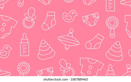 Seamless pattern with baby things. thin line. isolated on pink background
