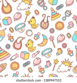 Seamless pattern with baby things.Endless texture for your design, greeting cards, announcements, posters, textiles. - vector