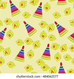 Seamless pattern with baby toys on the yellow background. Childish texture for cover, card, textile. wall paper, interior design. Outline style.