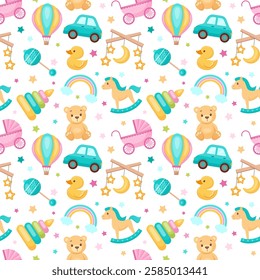 seamless pattern. baby toys, teddy bear, rocking horse, car, duck, balloons, and more. Perfect for baby products, nursery decor, or children's textiles. Vector illustration