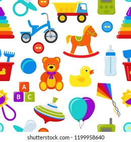 Seamless pattern with baby toys. Vector. Cute background for baby shower party, invitation template, textile, scrapbook, cards, flat design. Cartoon colorful illustration with truck, bear, horse, bike