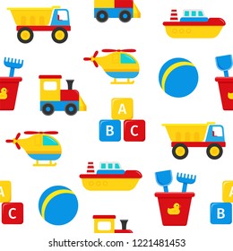 Seamless pattern with baby toys. Vector. Cute background with truck, boat, cubes. Cartoon colorful illustration for baby shower party, invitation template, textile, scrapbook, cards in flat design.