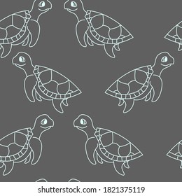 Seamless pattern with сute baby turtles on grey background, perfect for kids textile and fabric. Editable vector illustration.