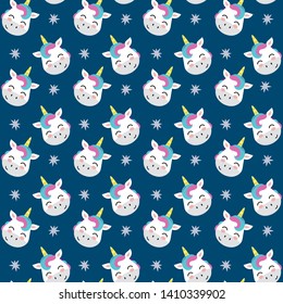 Seamless pattern with baby unicorns. Cute and childish design for fabric, textile, wallpaper, bedding, swaddles, toys or gender-neutral apparel. Simple and sweet print for nursery decor or wall art.