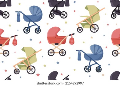 Seamless pattern with Baby walking stroller for toddlers. Ideal for nursery, baby clothes, textiles, wrapping paper, postcards. For children's goods store. Vector illustration in flat cartoon style