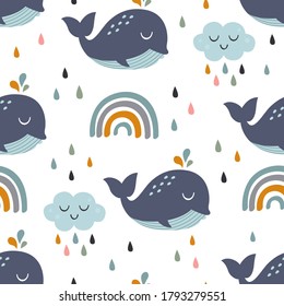 seamless pattern with baby whale, rainbow and cloud
-  vector illustration, eps