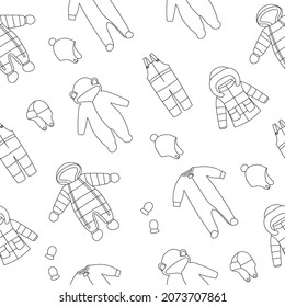 Nahtlose Muster der Baby-Winterkleidung. Line Art Wintermantel, Overalls, Schneeanzug, Springanzug, Hüte und Fausthandschuhe. Schwarze Objekte auf weißem Hintergrund.Doodle-Stil. Vektorgrafik