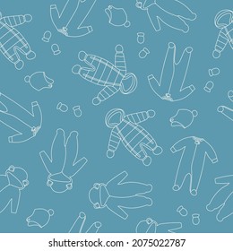 Seamless pattern of baby winter clothes. Line art winter coat, overalls, snow suit, jumpsuit, hats and mittens. White objects on blue background. Doodle style. 
