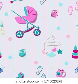Patrón sin inconvenientes con atributos babyish, fondo de rayas en colores rosa y azul. El estilo de la ducha para bebés con elementos dibujados a mano.