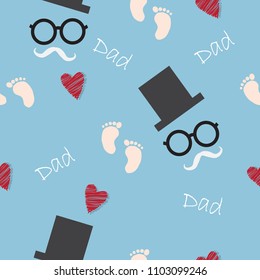 Seamless pattern with baby's footprint ,hat ,eyeglasses ,Mustache ,hearts ,dad lettering background vector illustration for design