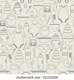 Seamless pattern baby's goods. Vector baby texture in outline style