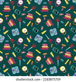 Seamless pattern back to school.  Books, paints, alarm clock, calculator, pencil case, scissors, ruler.