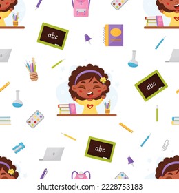 Seamless pattern back to school. Dark-skinned happy schoolgirl, school education items and stationery in flat cartoon style on white background. Vector illustration. Cute kids collection