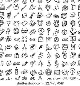 Seamless pattern Back to School doodle set. Various school stuff - supplies for sport, art, reading, science, geography, biology, physics, mathematics, astronomy, chemistry. Isolated