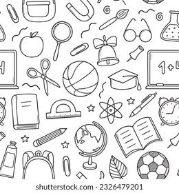 Seamless pattern of Back to school doodle.  School supplies in sketch style. Hand drawn vector illustration 