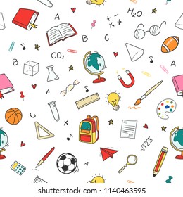 
Seamless pattern Back to school doodles hand drawn Line icons on white Background.printing wallpaper.vector illustration