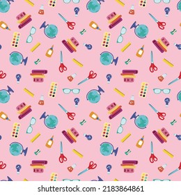 Seamless Pattern Back To School. Globe, Books, Paints, Glue, Scissors, Glasses, Sharpener, Ruler.